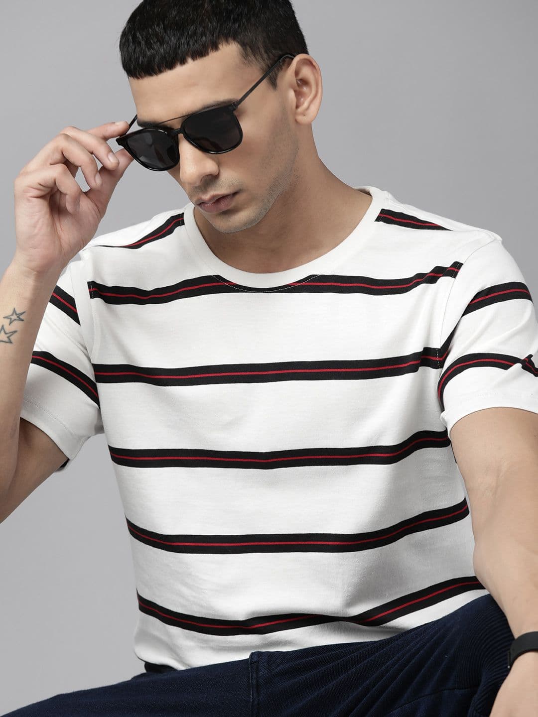The Roadster Lifestyle Co. Men White & Black Striped Pure Cotton T-shirt - view 1