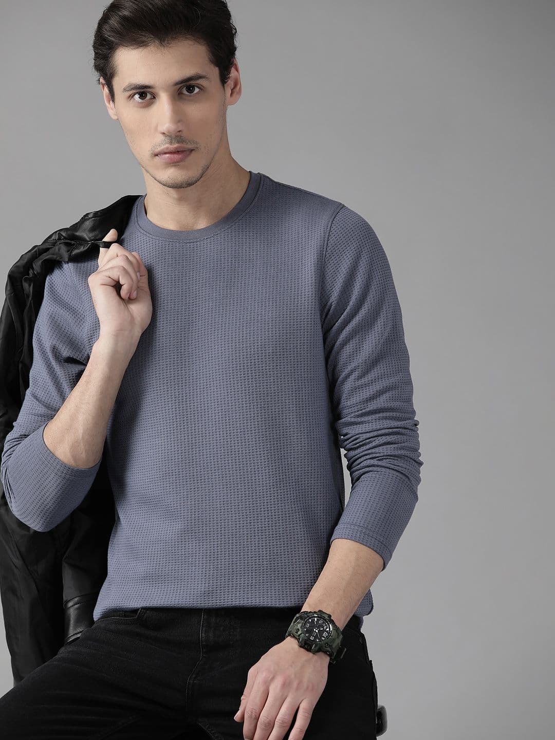The Roadster Lifestyle Co Men Grey Waffle Texture T-shirt - view 1