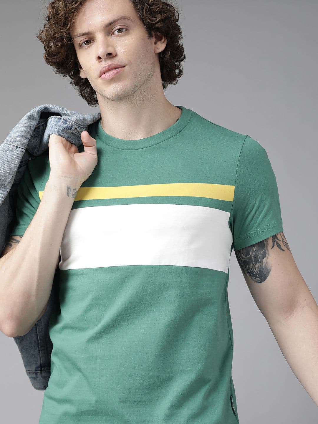 Roadster Men Green & White Colourblocked Pure Cotton T-shirt - view 1