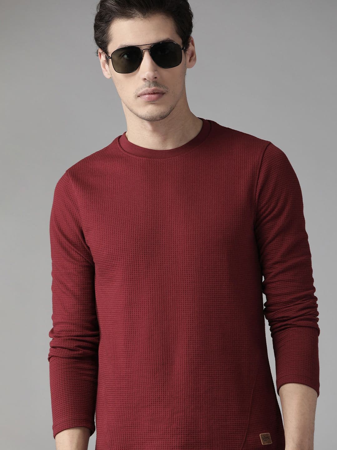 The Roadster Lifestyle Co Men Maroon Waffle Texture T-shirt - view 1