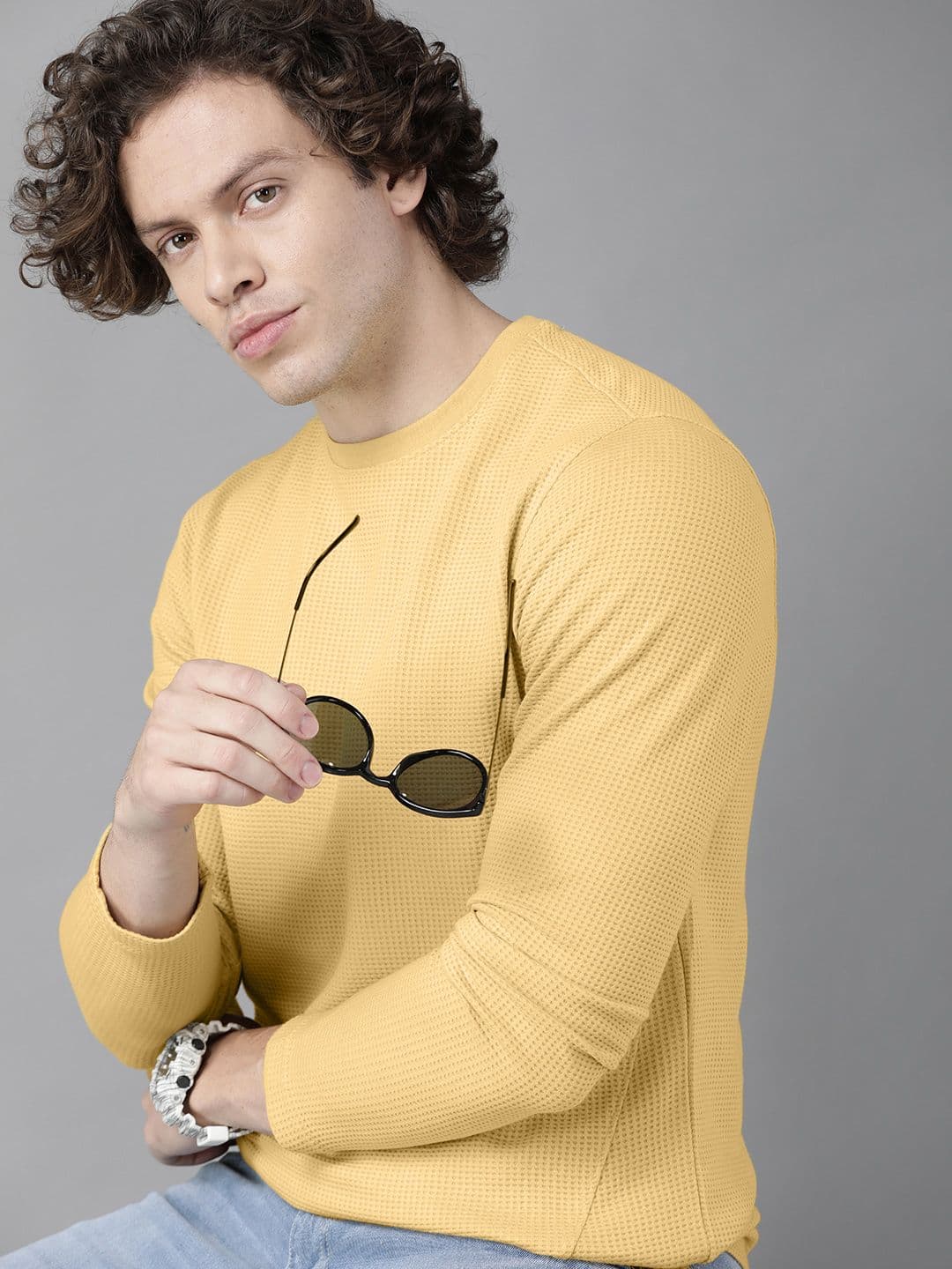 Roadster Men Yellow Waffle Texture T-shirt - view 1
