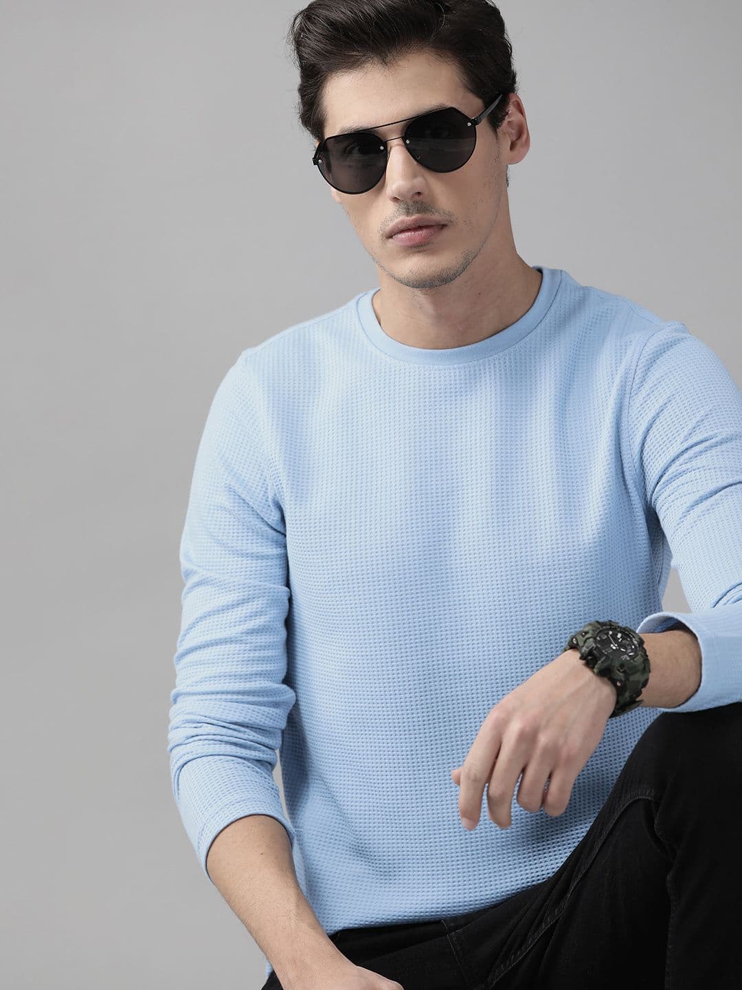 The Roadster Lifestyle Co Men Blue Waffle Texture T-shirt - view 1