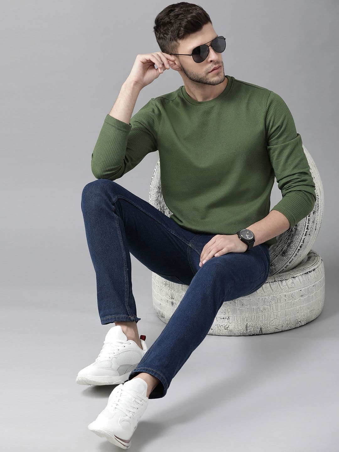 Roadster Men Olive Green Waffle Texture T-shirt - view 1