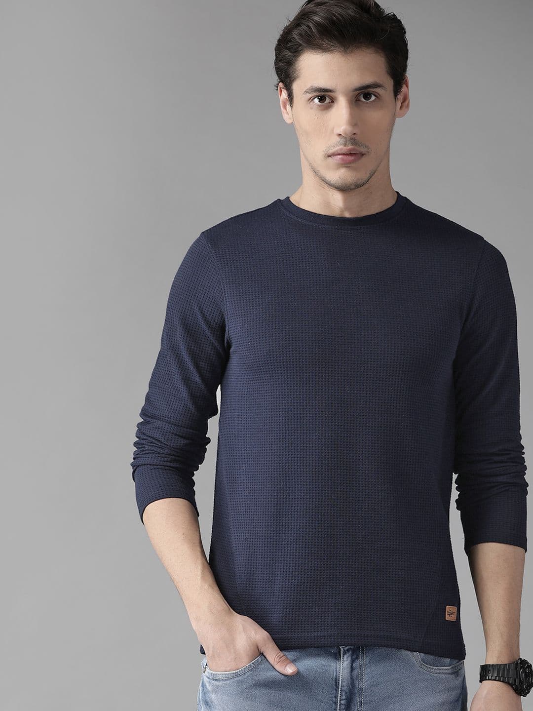 The Roadster Lifestyle Co Men Navy Blue Waffle Texture T-shirt - view 1