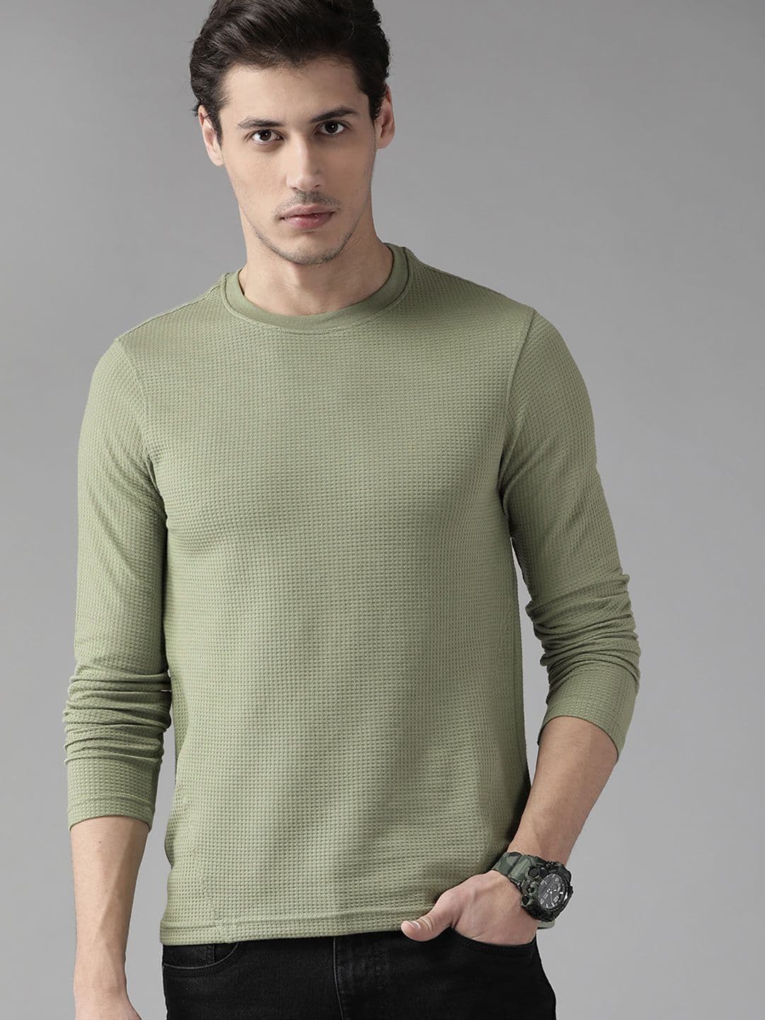 The Roadster Lifestyle Co Men Green Waffle Texture T-shirt - view 1