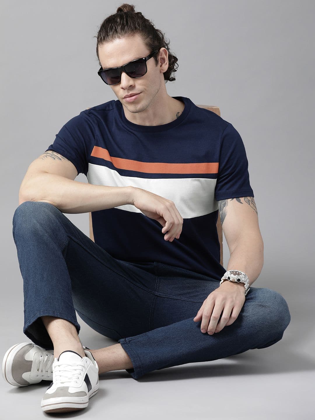 Roadster Men Navy Blue & White Striped Pure Cotton T-shirt - view 1