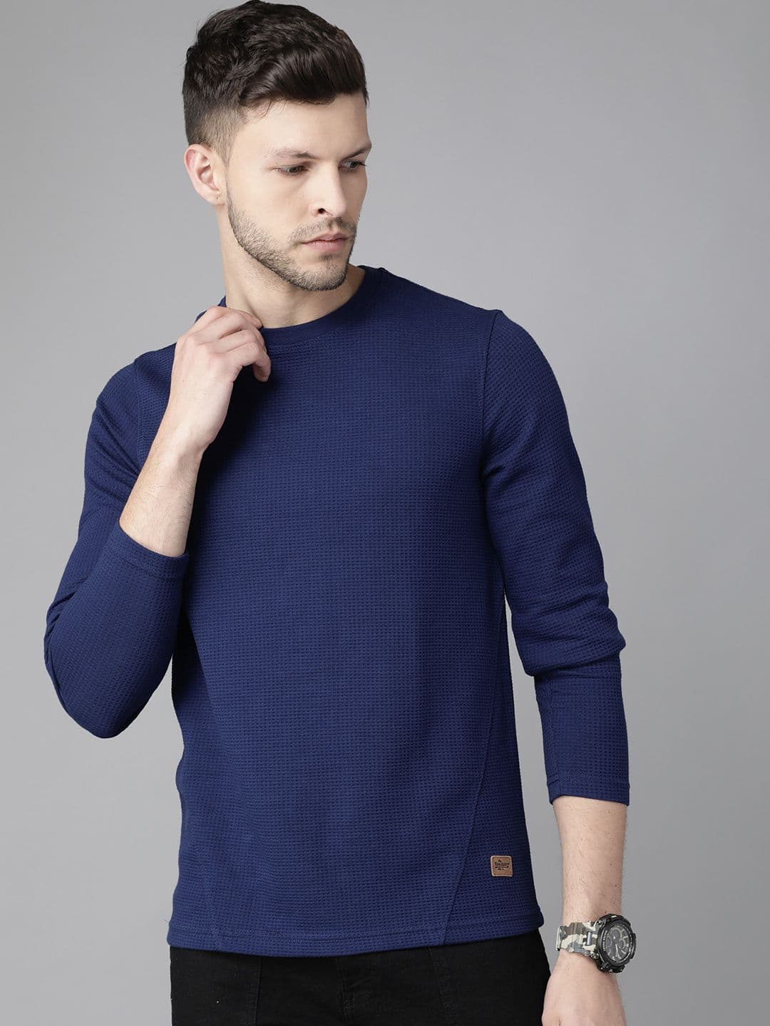 Roadster Men Navy Blue Waffle Texture T-shirt - view 1