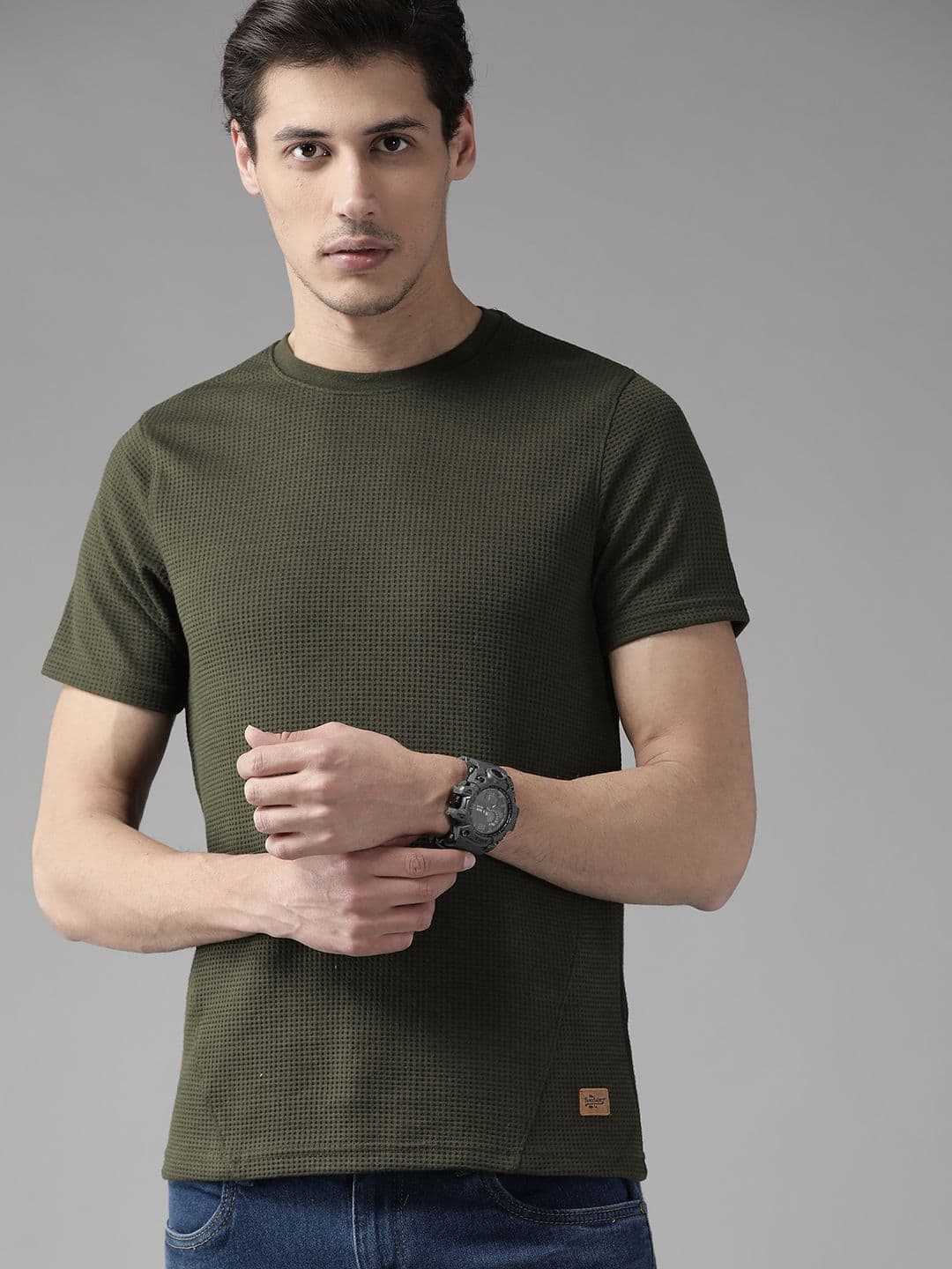 The Roadster Lifestyle Co Men Olive Green Waffle Texture T-shirt - view 1