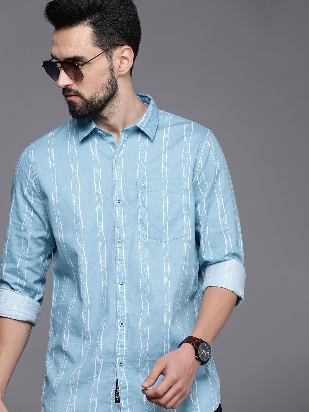 WROGN Men Blue and White Slim Fit Striped Cotton Casual Shirt - view 1