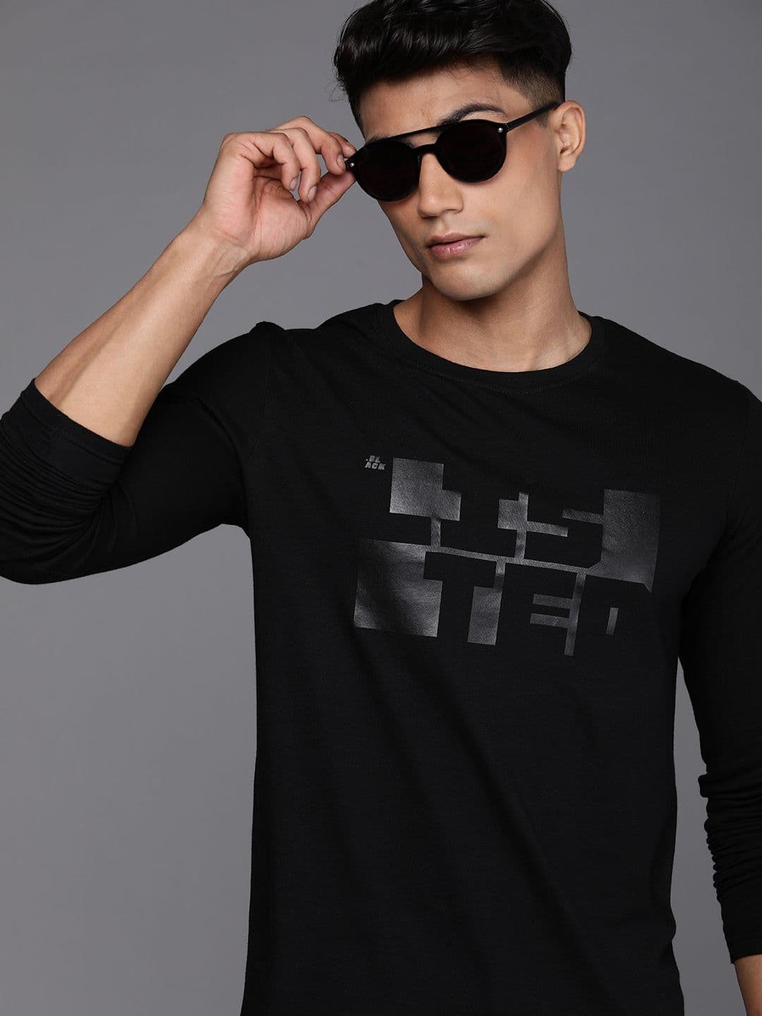 WROGN Men Black & Grey Typography Print Round Neck Cotton Slim Fit T-shirt - view 1