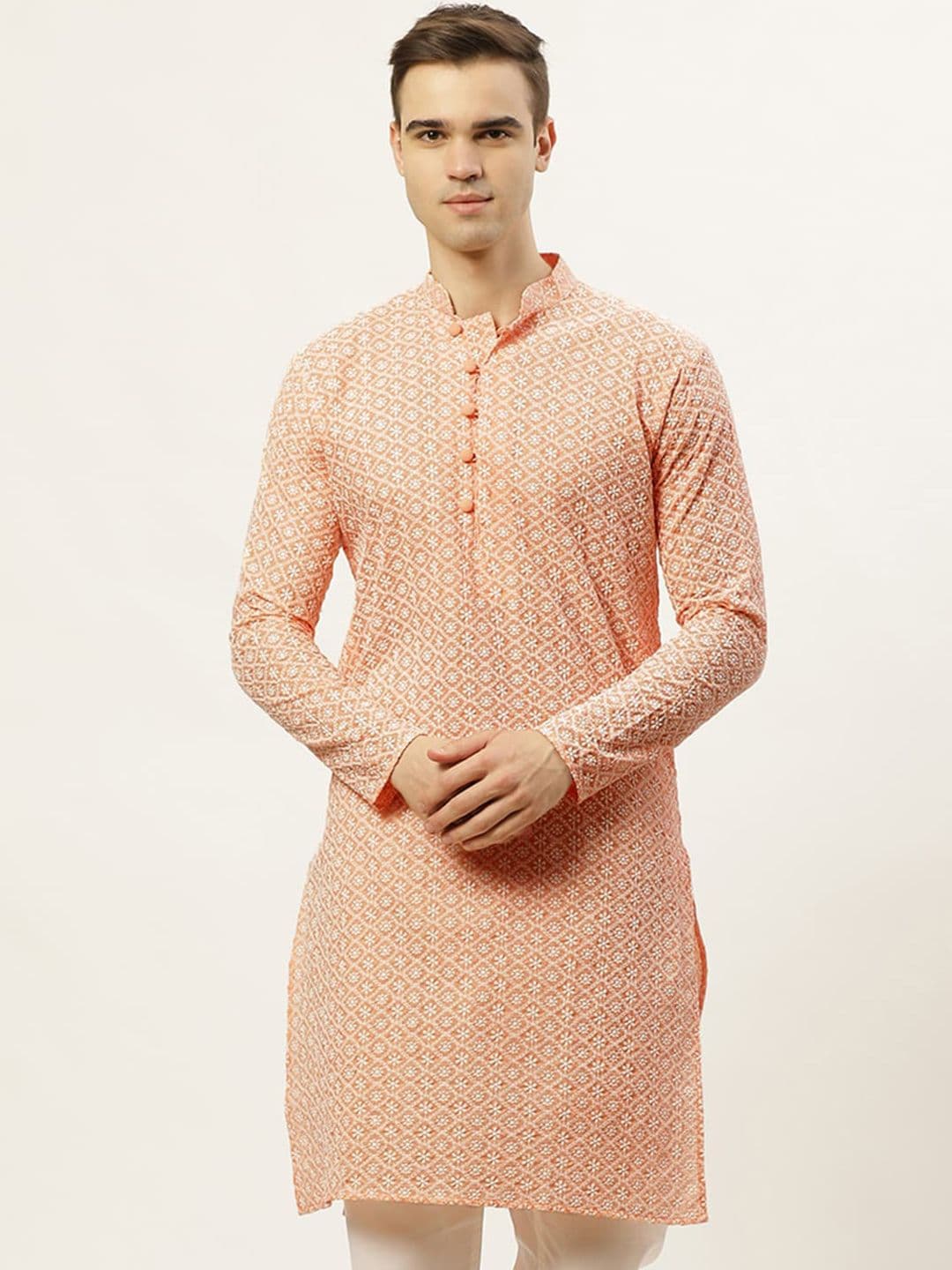 Jompers Men Orange Pure Cotton Floral Embroidered Straight Republic Day Republic Day Kurta - view 1