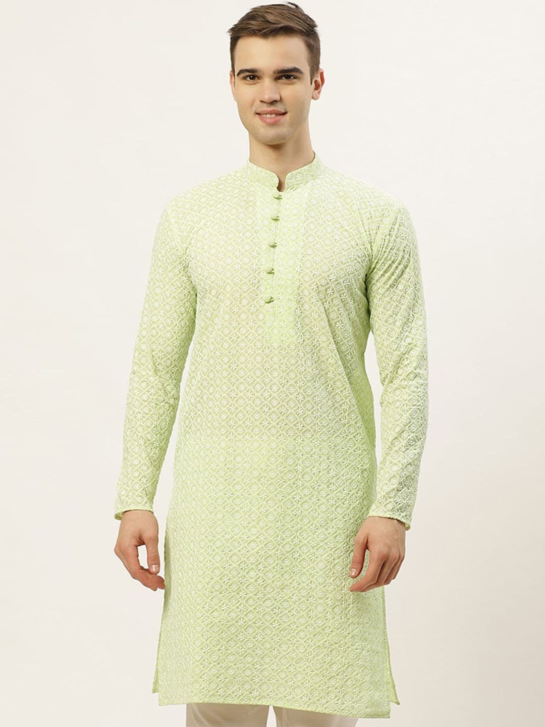 Jompers Men Green & White Ethnic Motifs Embroidered Thread Work Republic Day Republic Day Kurta - view 1