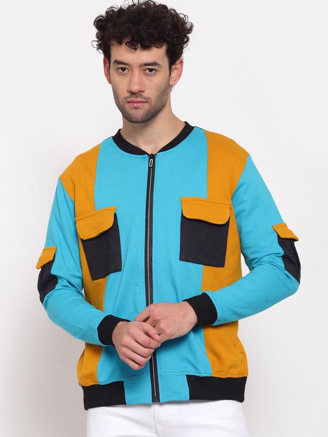 PAUSE SPORT Men Blue Mustard Colourblocked Fleece Lightweight Antimicrobial Outdoor Bomber with Patchwork Jacket - view 1