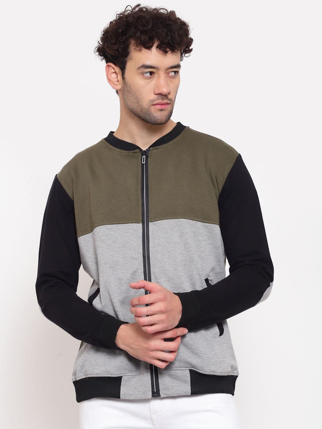 PAUSE SPORT Men Grey Olive Green Colourblocked Fleece Lightweight Antimicrobial Outdoor Bomber Jacket - view 1