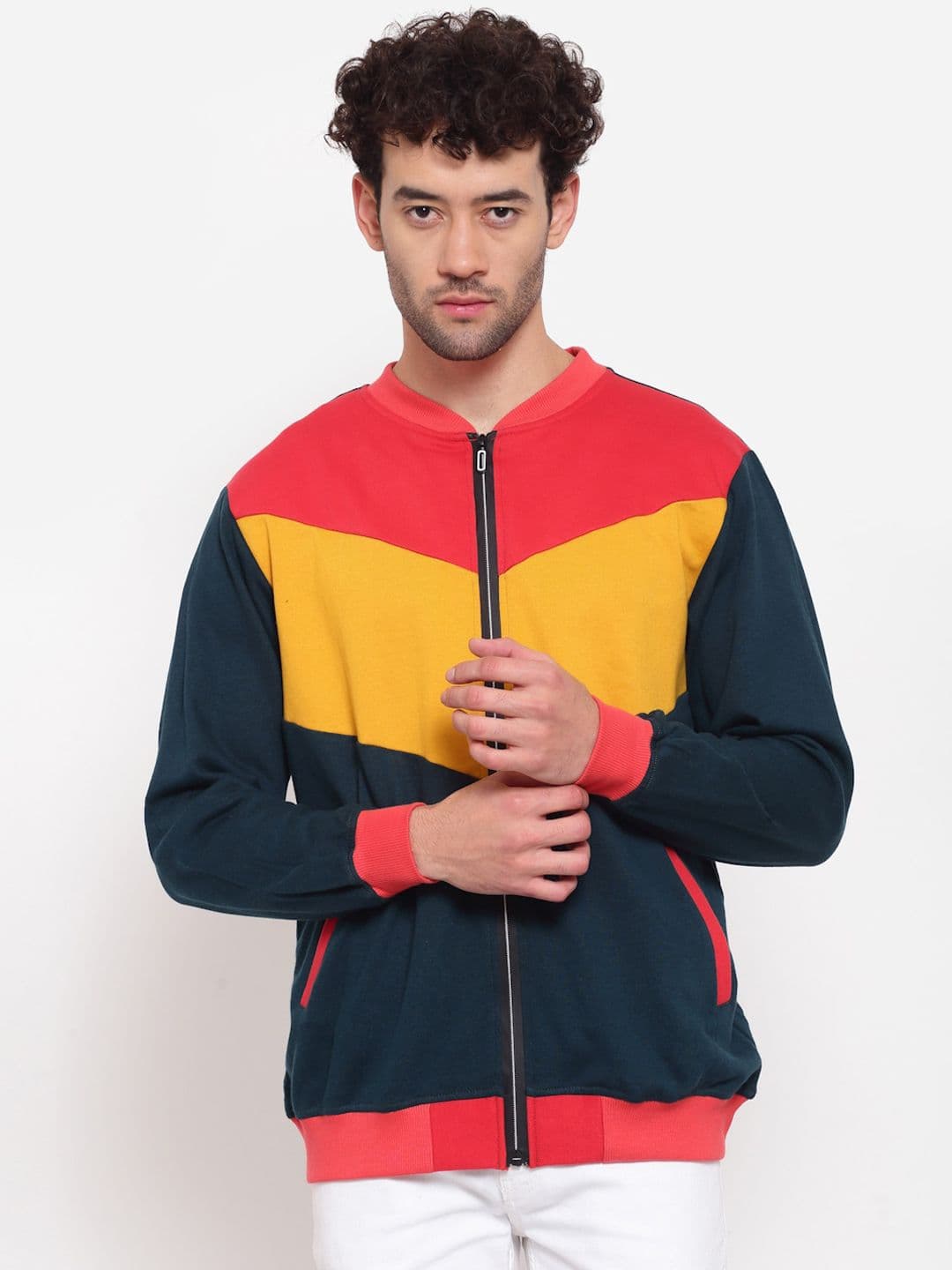 PAUSE SPORT Men Blue Pink Colourblocked Fleece Lightweight Antimicrobial Outdoor Bomber Jacket - view 1