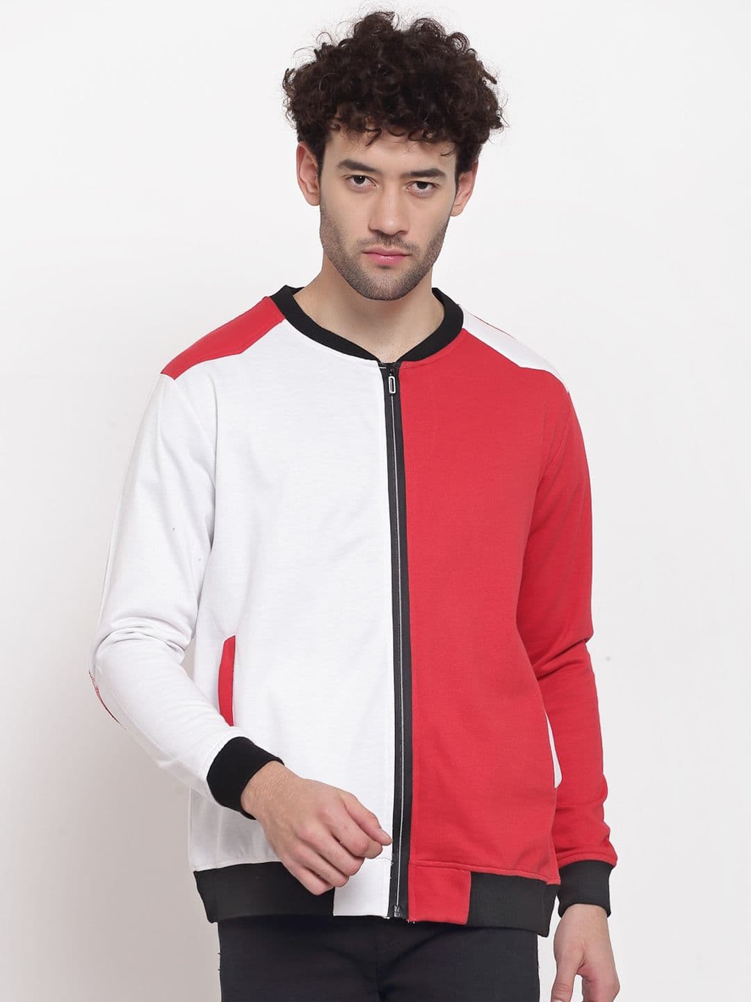 PAUSE SPORT Men Red & White Colourblocked Fleece Lightweight Antimicrobial Bomber Jacket - view 1