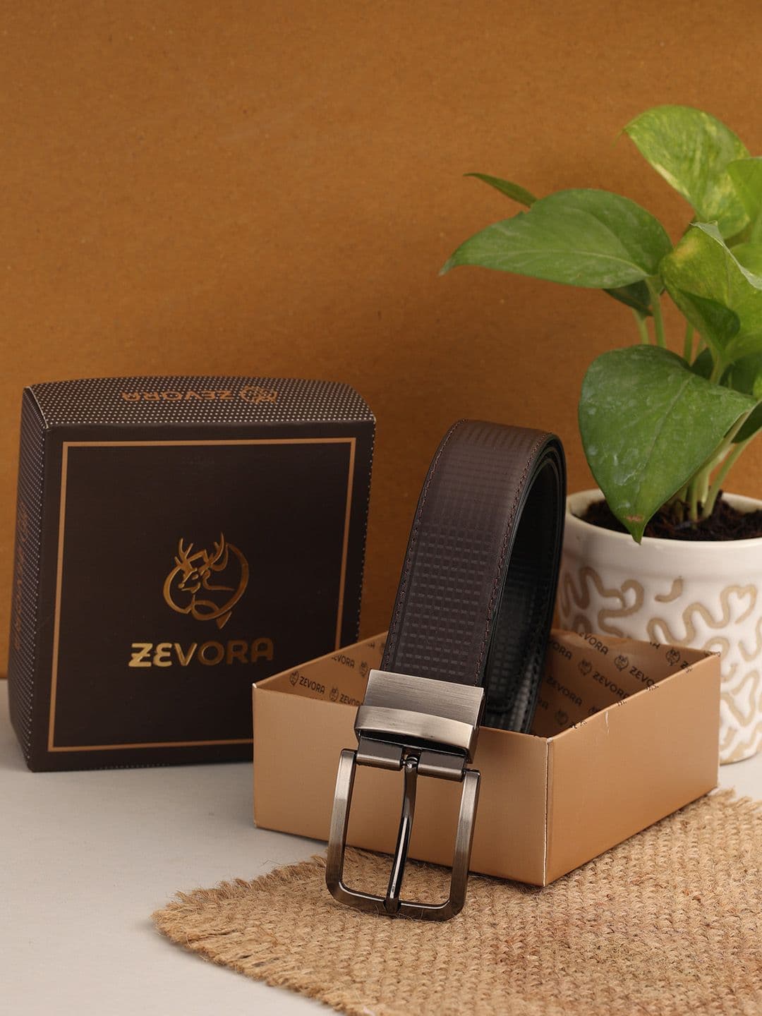 ZEVORA Men Brown Textured Reversible Belt - view 1