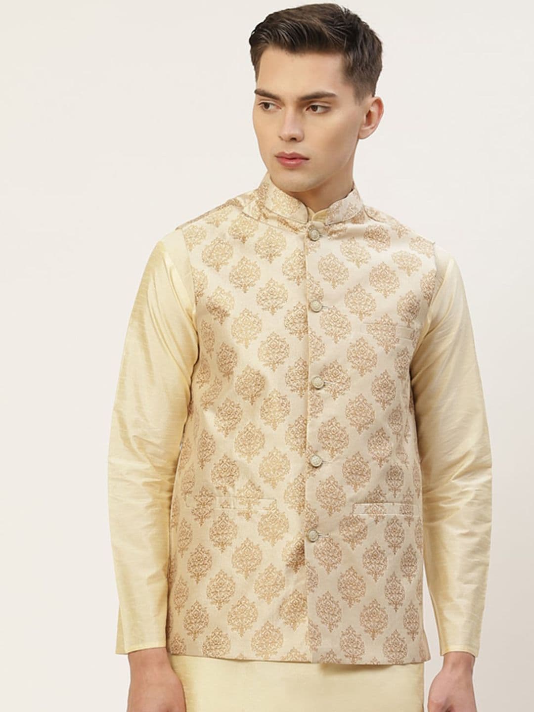 Jompers Cream Ethnic Motifs Printed Regular Fit Silk Blend Nehru Jacket - view 1