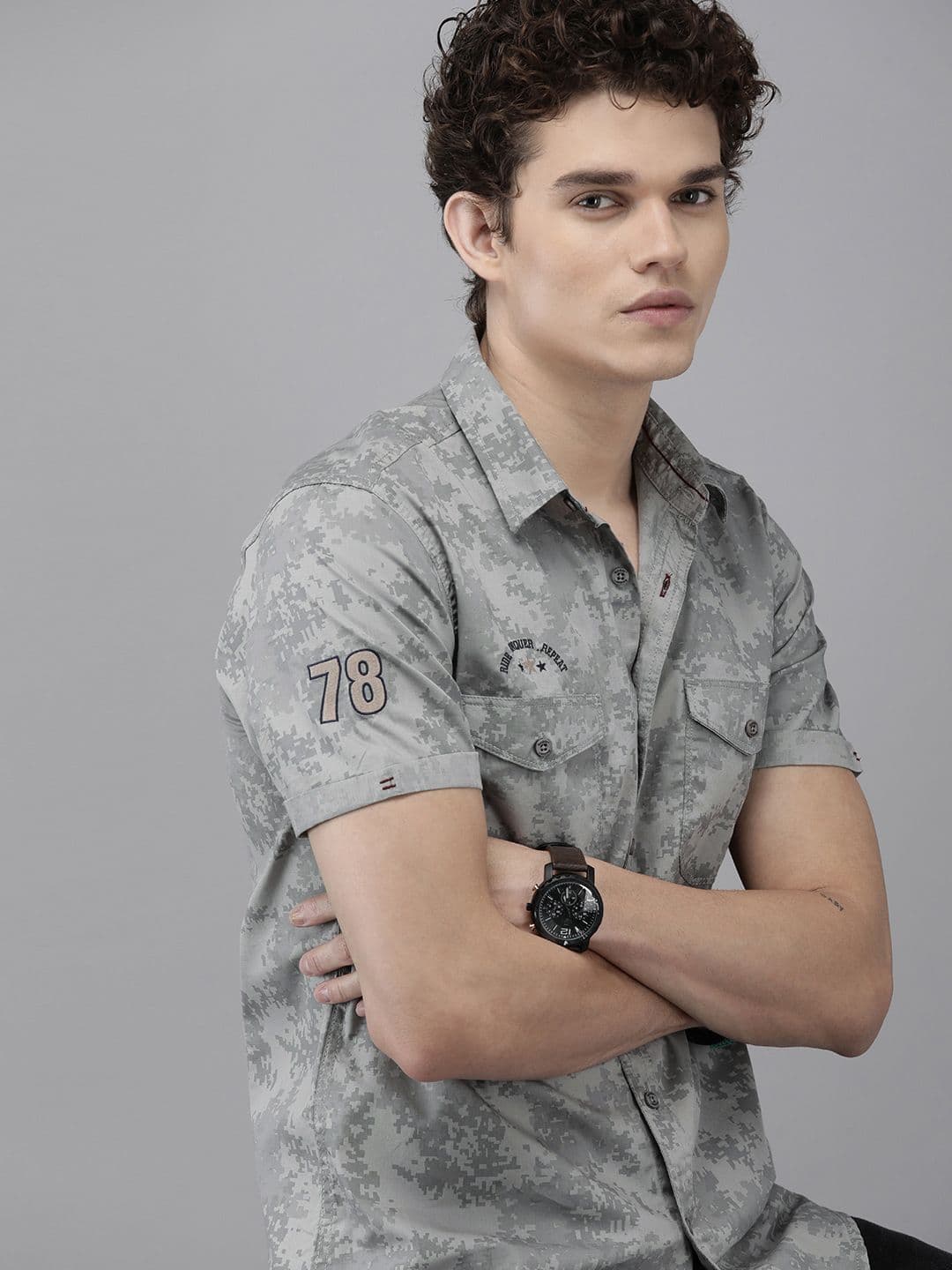 The Roadster Lifestyle Co Men Grey Printed Cotton Casual Shirt - view 1