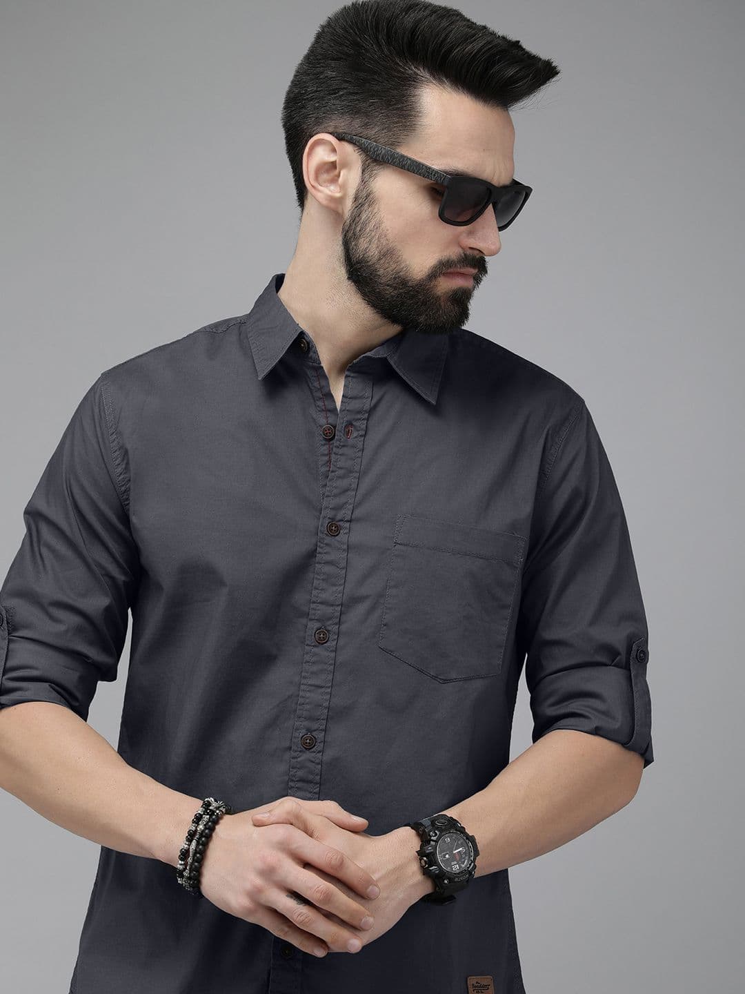 Roadster Men Charcoal Grey Slim Fit Solid Opaque Stretchable Casual Shirt - view 1