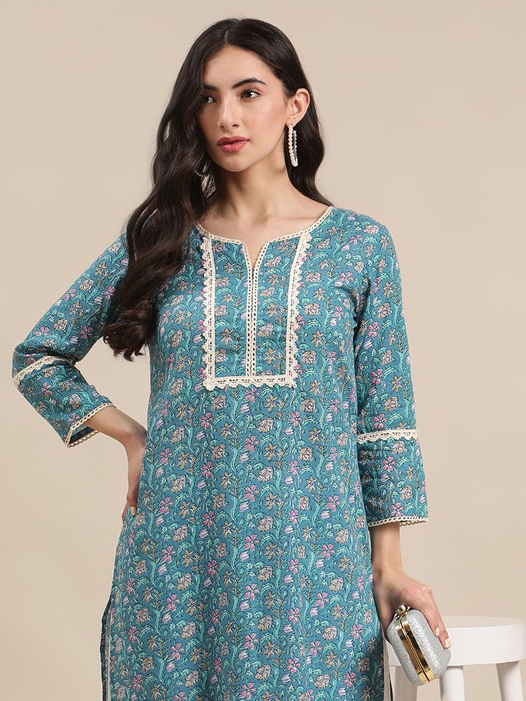 Varanga Women Blue Jaipuri Floral Print Pure Cotton Lace Detailed Kurta - view 1
