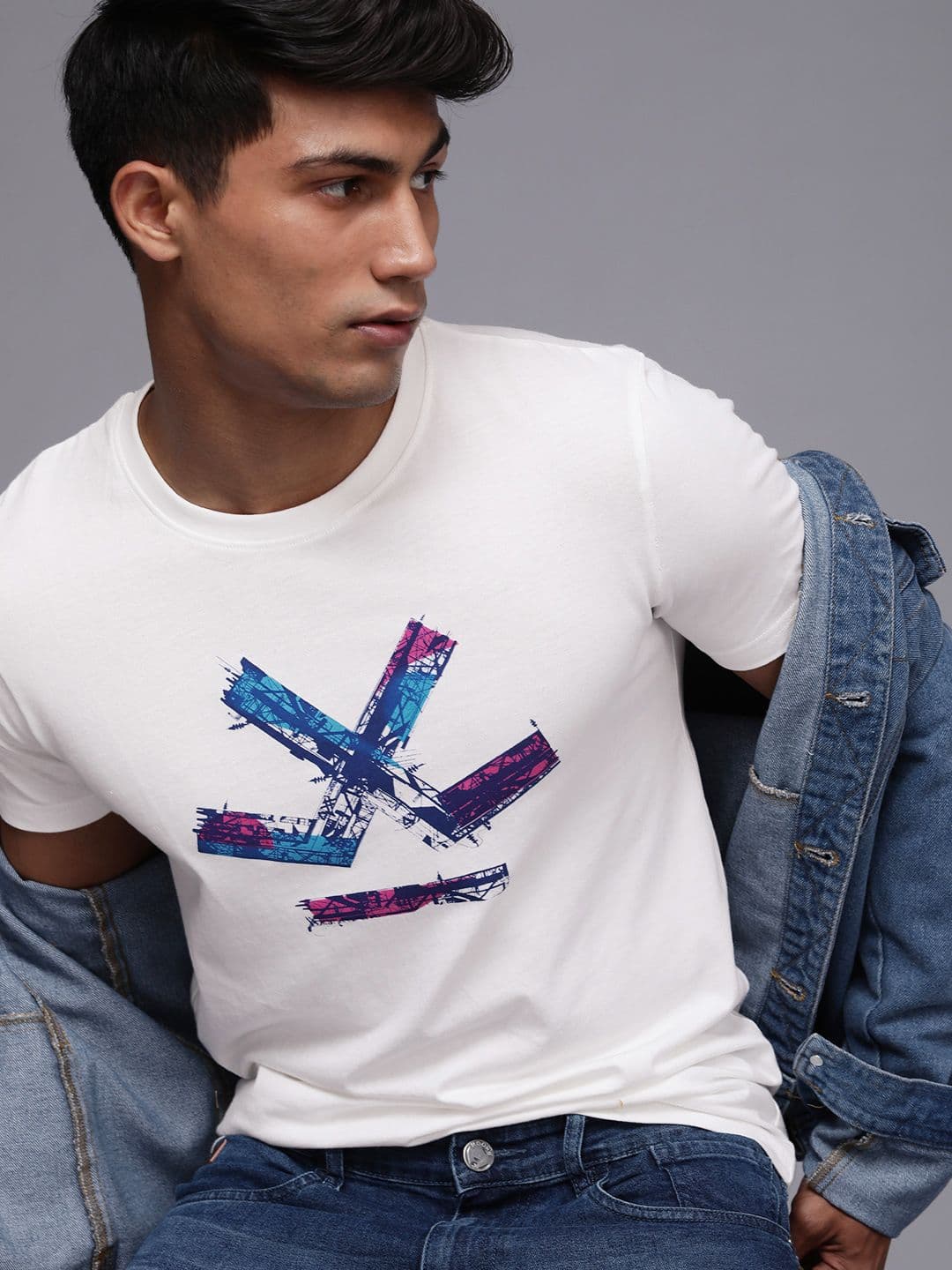 WROGN Men White Brand Logo Print Round Neck Regular Sleeves Cotton Slim Fit T-shirt - view 1