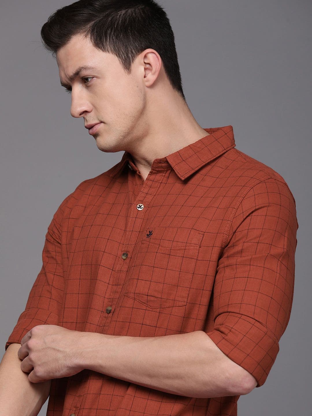 WROGN Men Rust Brown & Black Slim Fit Grid Tattersall Checks Checked Casual Shirt - view 1