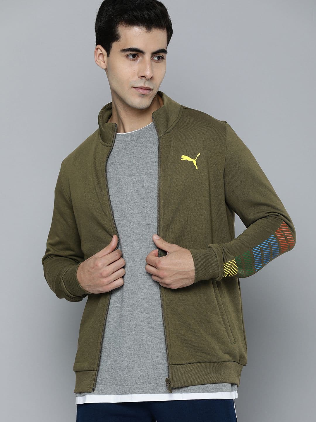 Puma Men Olive Green Brand Logo Printed Knitted Sporty Track Jacket - view 1