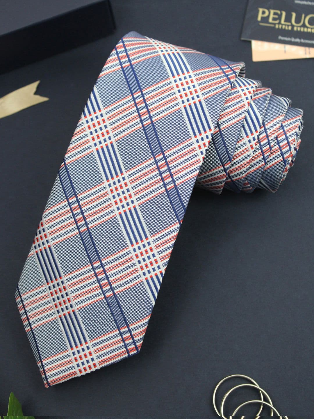 PELUCHE Men Blue & Orange Checked Skinny Tie - view 1