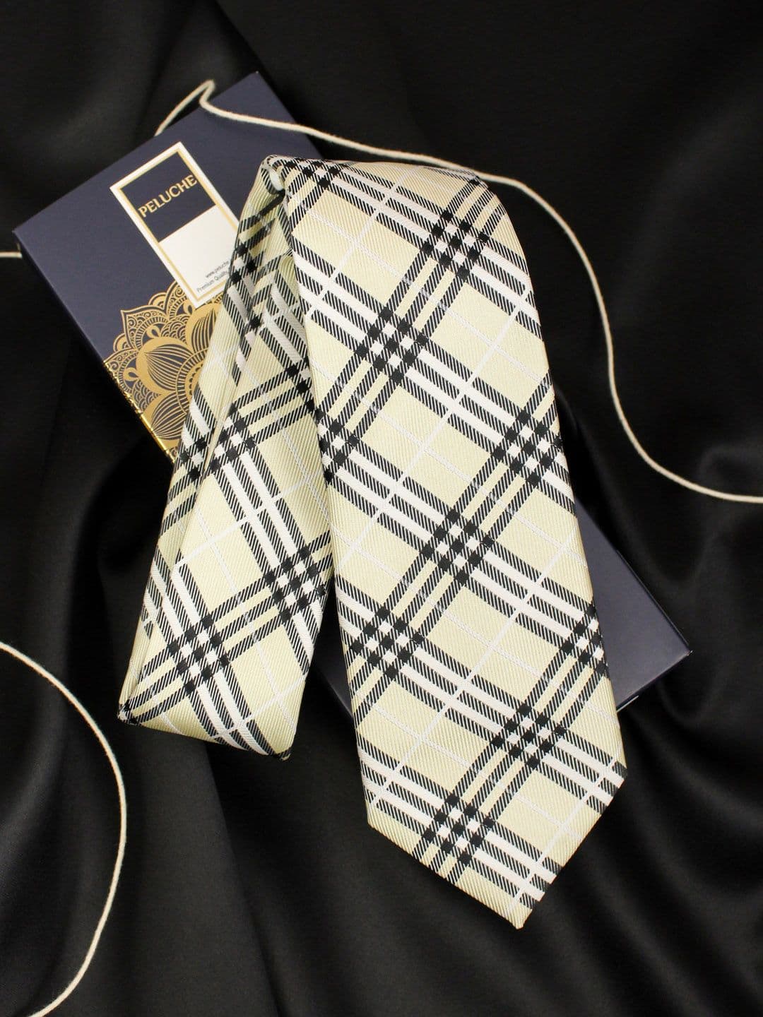 PELUCHE Unisex Beige & Grey Checked Skinny Tie - view 1
