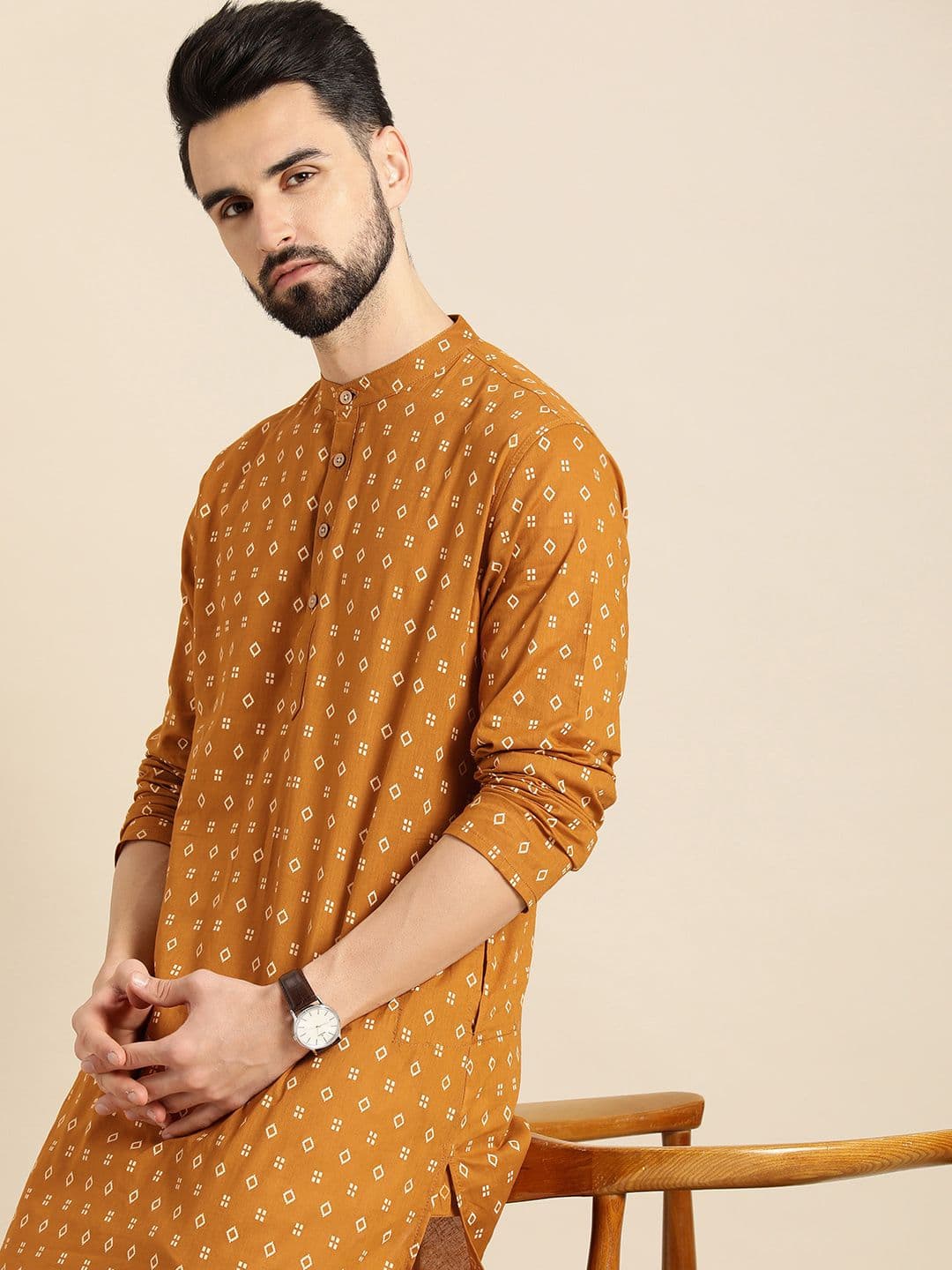 Anouk Men Mustard Yellow & White Geometric Printed Kurta - view 1