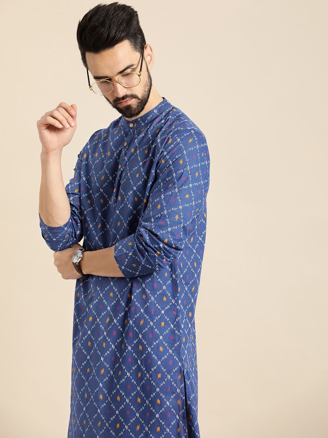 Anouk Men Blue & White Geometric Printed Kurta - view 1
