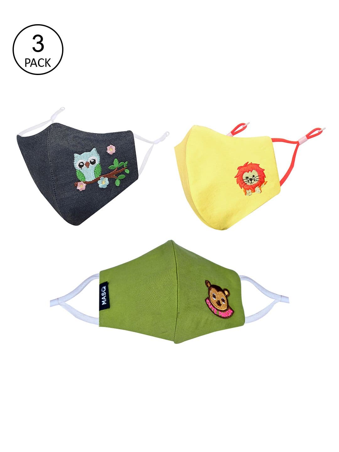 MASQ Kids Pack Of 3 Embroidered 4-Ply Pure Cotton Adjustable Cloth Masks - view 1