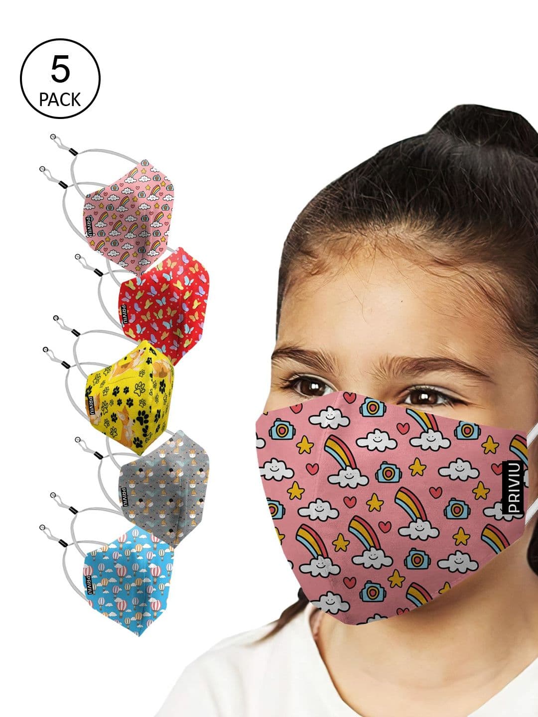 PRIVIU Kids Pack Of 5 Multi-Coloured Printed 4-Ply Reusable Cloth Mask - view 1