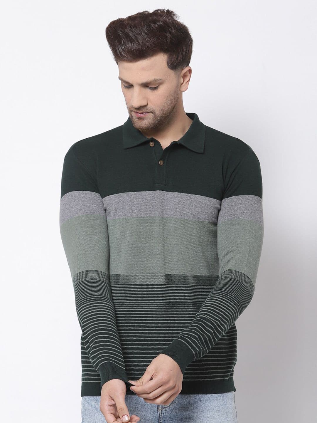 Kalt Men Green & Black Striped Polo Collar T-shirt - view 1