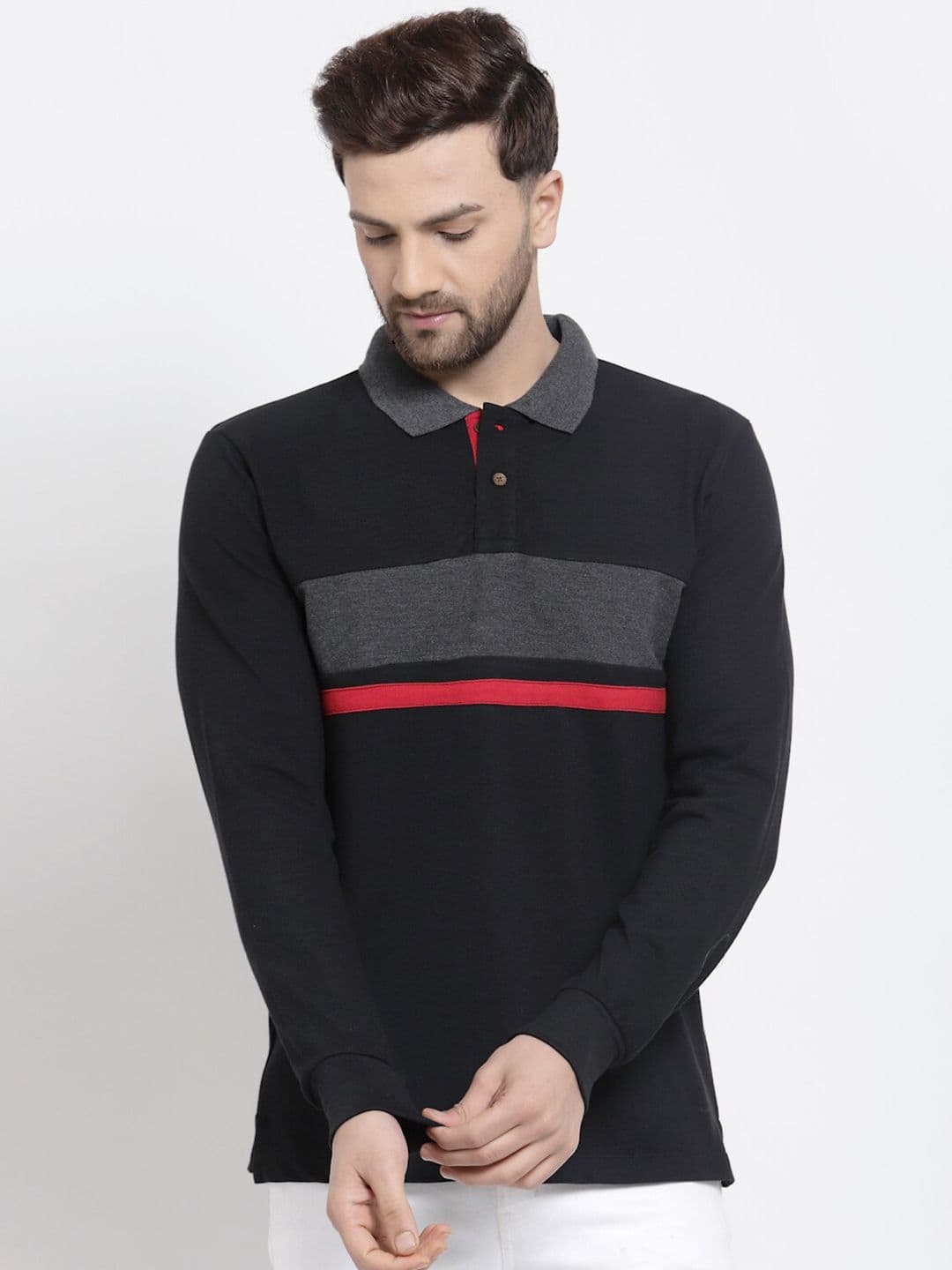 Kalt Men Black & Red Striped Polo Collar T-shirt - view 1