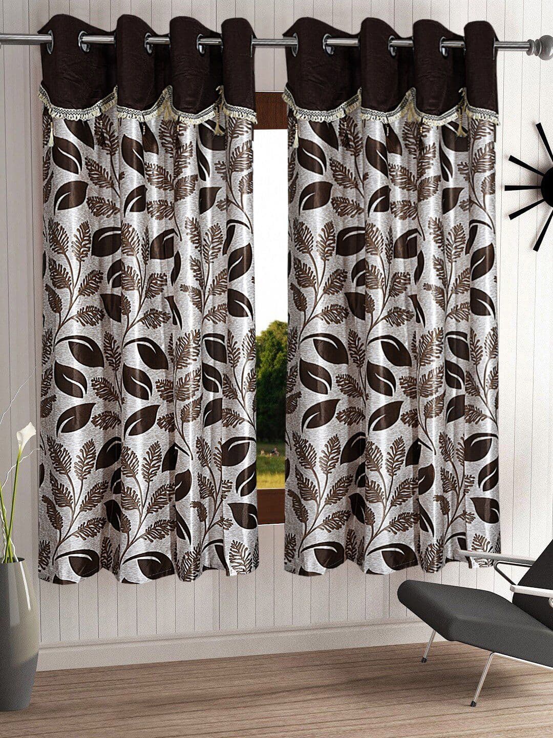 Cortina Brown & White Set of 2 Fancy Valance Leaf Printed Window Curtains - view 1