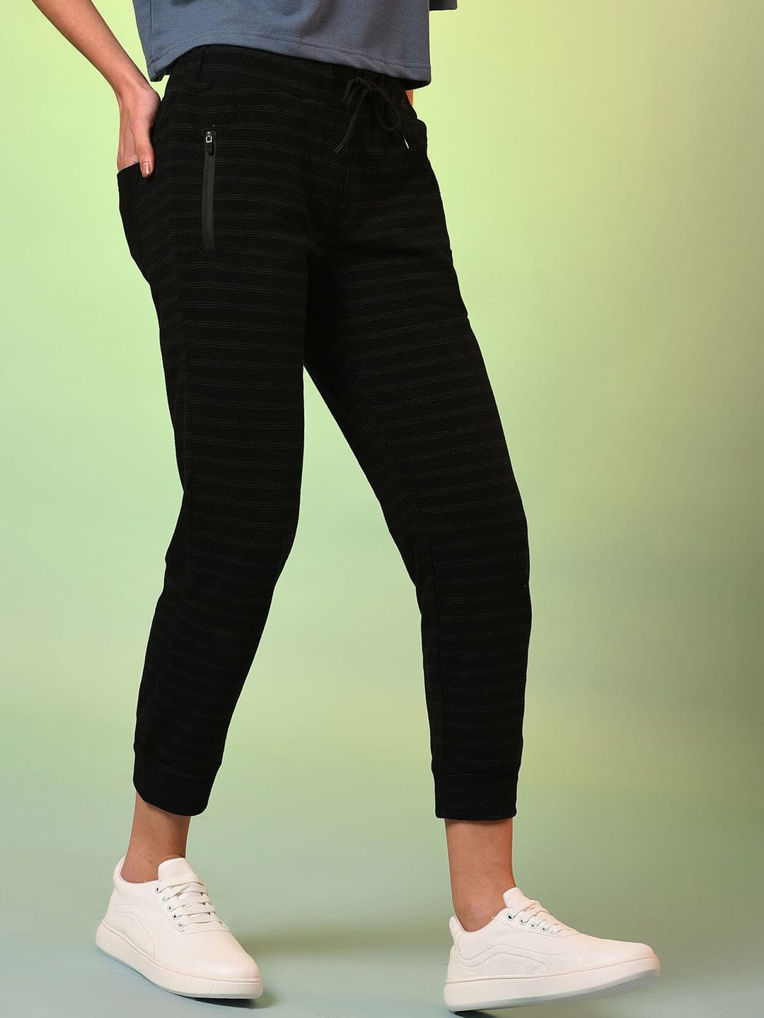 PINACOLADA Women Black & Grey Striped Cotton Joggers - view 1