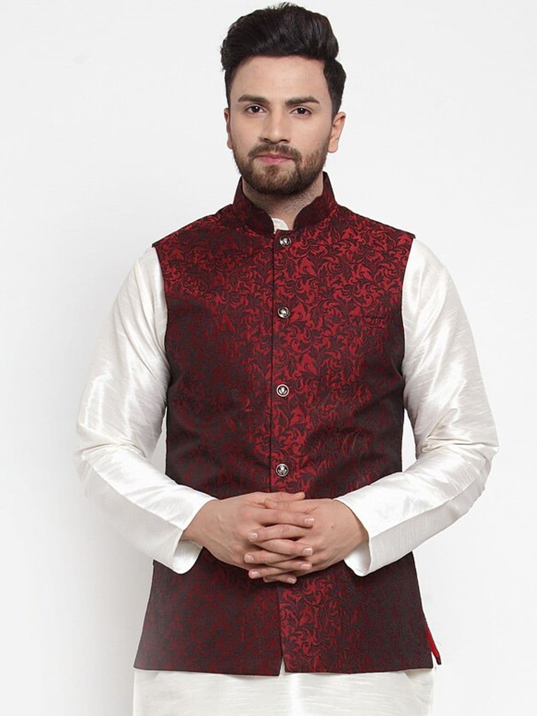 Jompers Men Maroon Floral Woven Design Jacquard Embellished Nehru Jacket - view 1