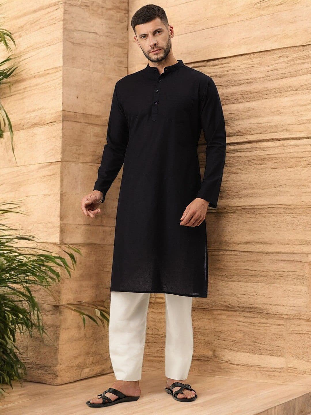 Kryptic Men Black Solid Cotton Straight Kurta - view 1