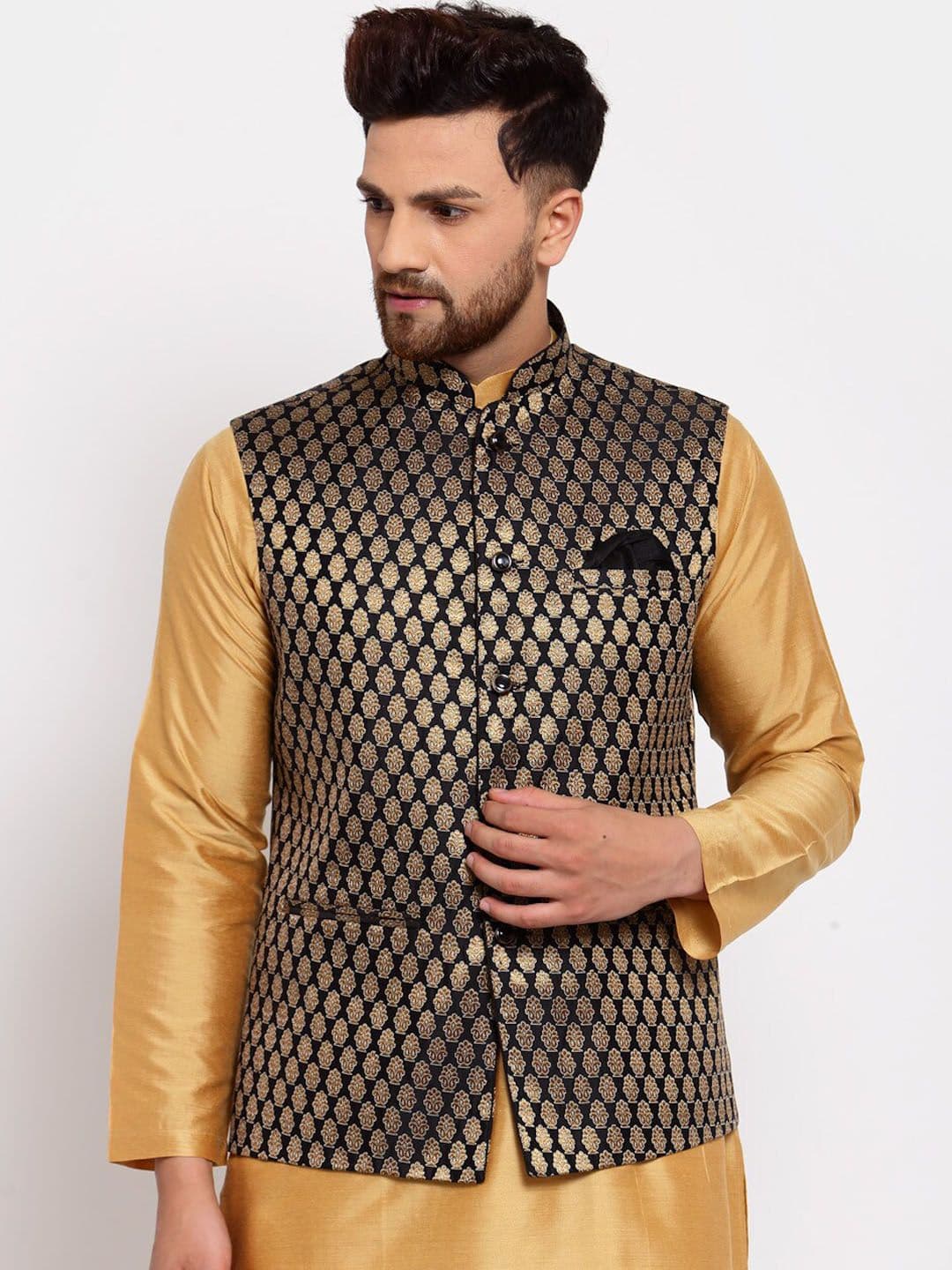 Badoliya & Sons Men Black & Gold-Toned Woven Design Nehru Jackets - view 1