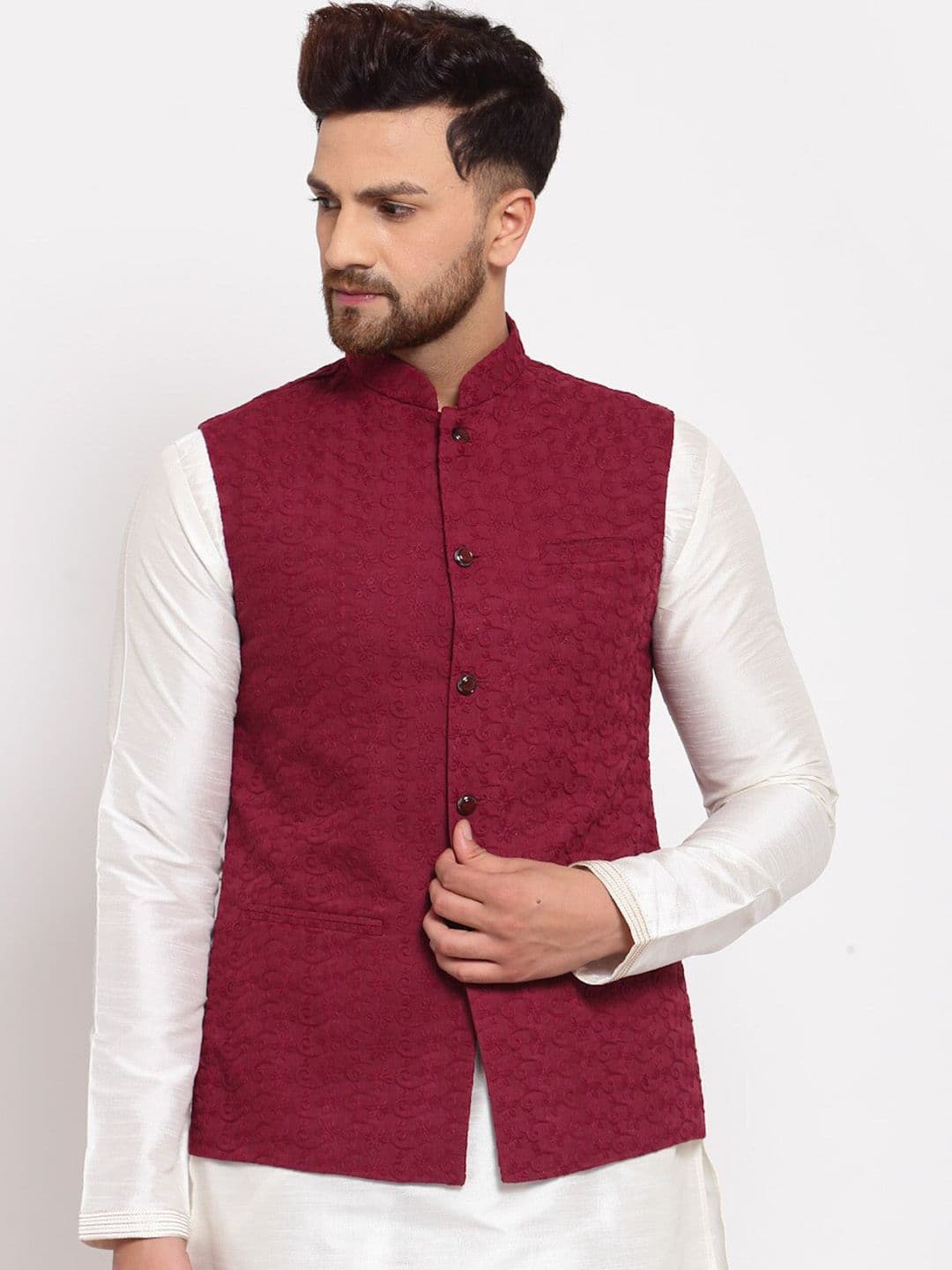 Badoliya & Sons Men Maroon Chikankari Embroidered Woven Nehru Jacket - view 1