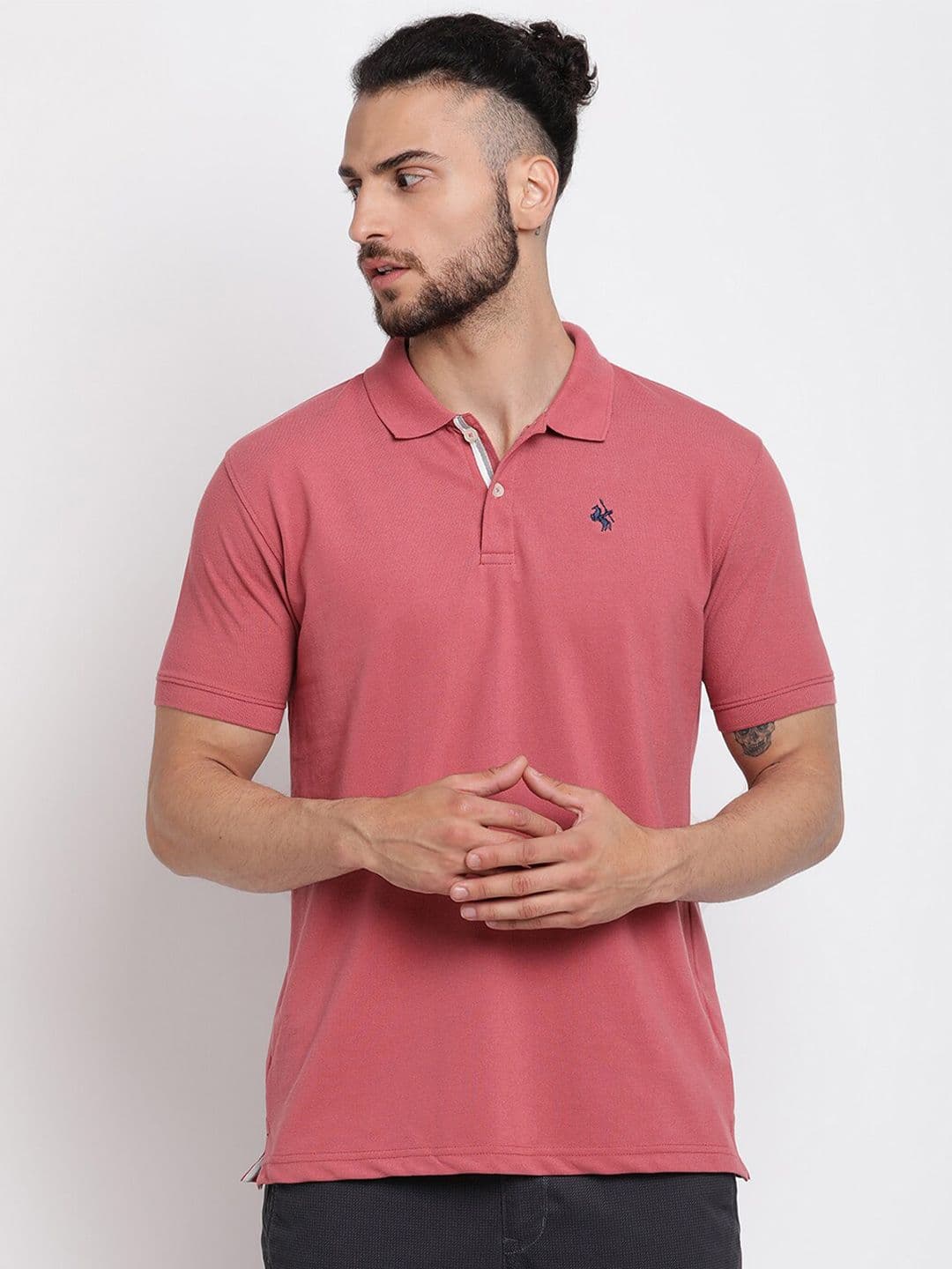Cantabil Men Pink Solid Cotton Polo Collar T-shirt - view 1