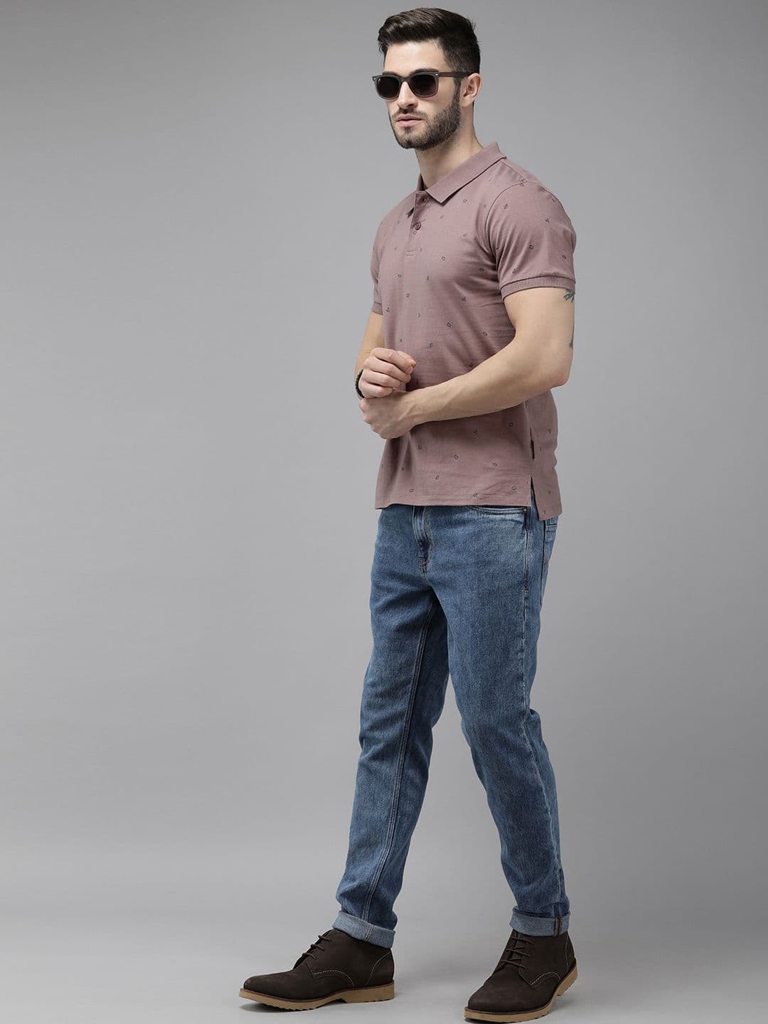 The Roadster Lifestyle Co Men Mauve Printed Pure Cotton Polo Collar T-shirt - view 1