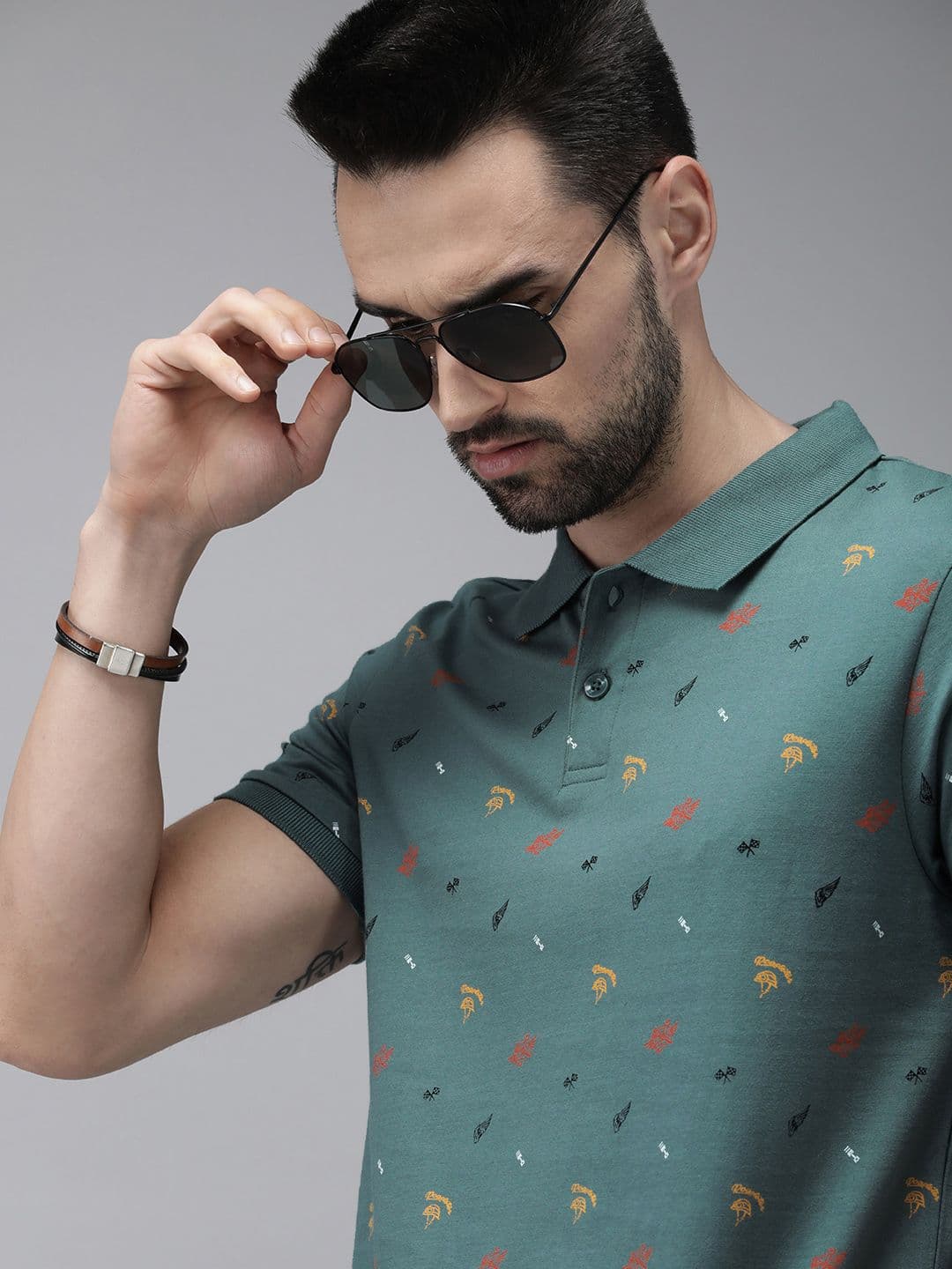 The Roadster Lifestyle Co Men Green Printed Pure Cotton Polo Collar T-shirt - view 1