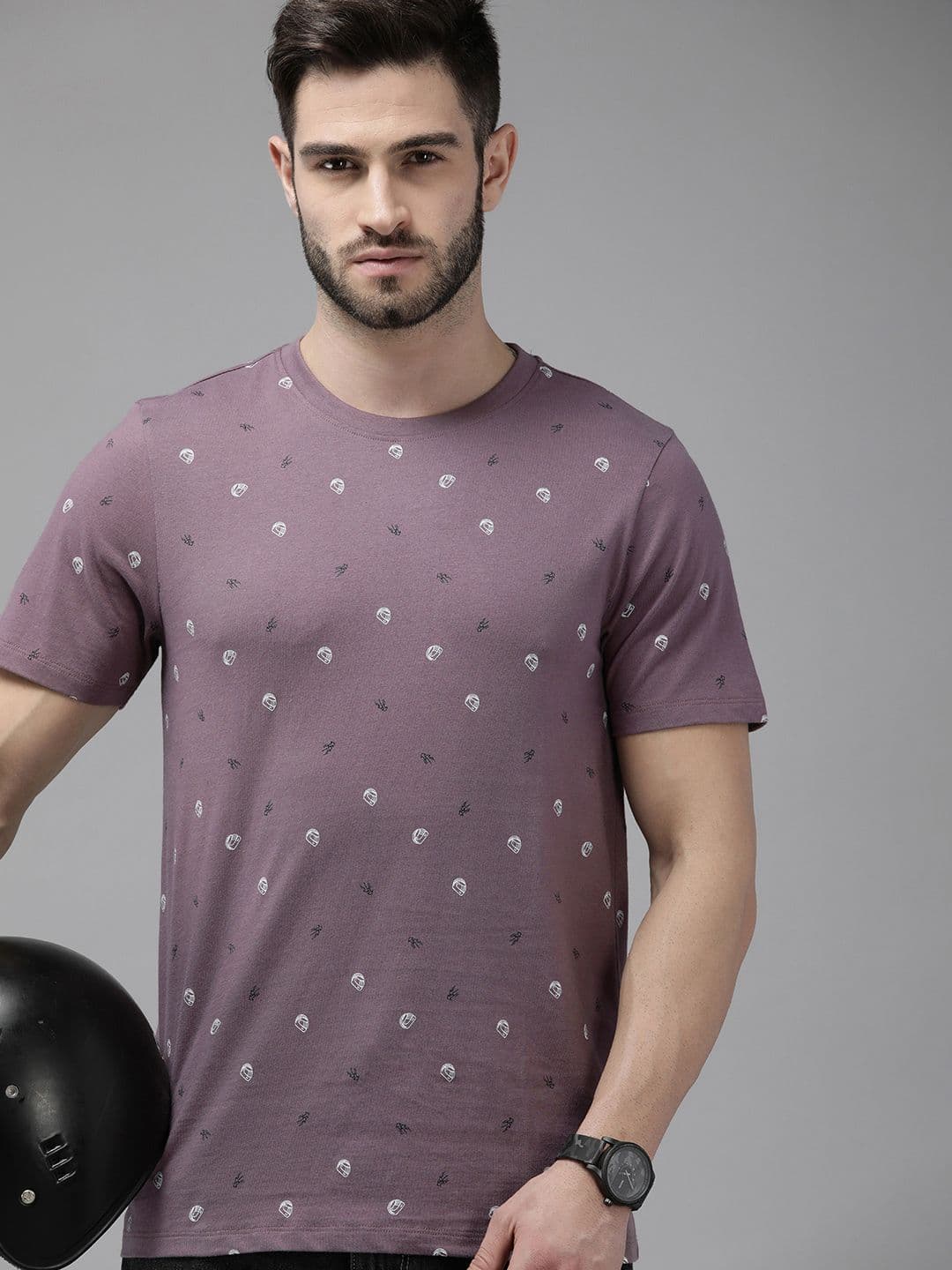 The Roadster Lifestyle Co Men Mauve & White Printed Pure Cotton T-shirt - view 1