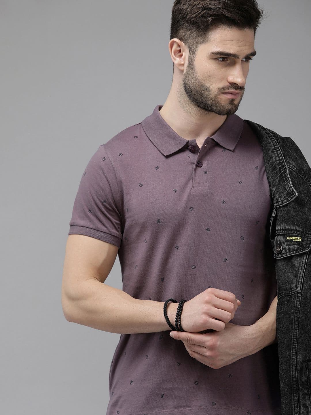 The Roadster Lifestyle Co Men Mauve Printed Cotton Polo Collar T-shirt - view 1