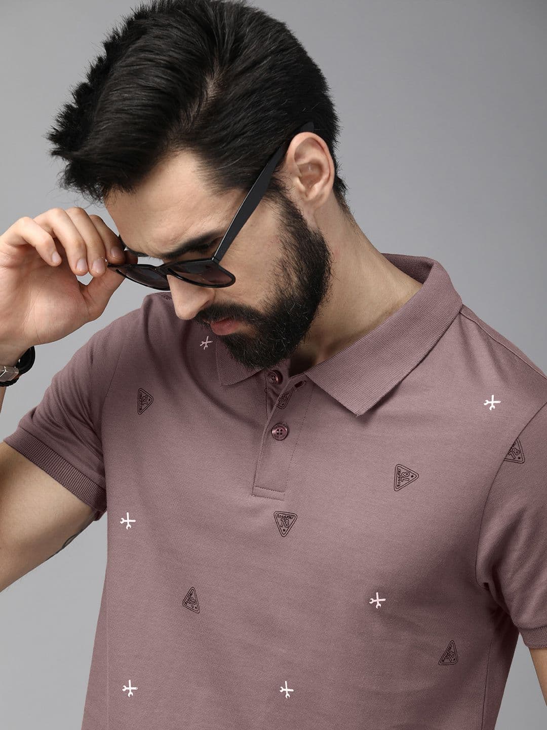 The Roadster Lifestyle Co Men Mauve Printed Pure Cotton Polo Collar T-shirt - view 1
