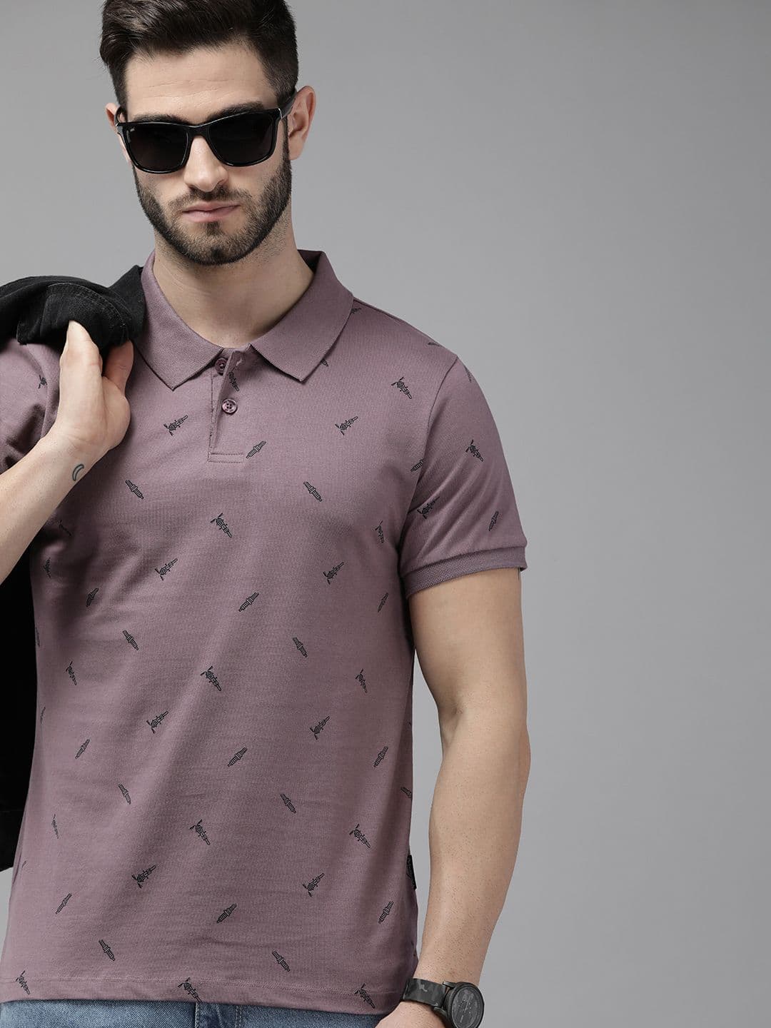 The Roadster Lifestyle Co. Men Mauve & Black Printed Pure Cotton Polo Collar T-shirt - view 1