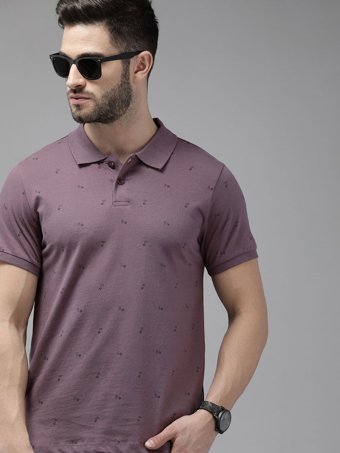 The Roadster Lifestyle Co Men Mauve Printed Pure Cotton Polo Collar T-shirt - view 1